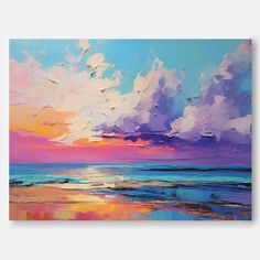 an oil painting of a colorful sunset over the ocean with clouds in the sky and water below