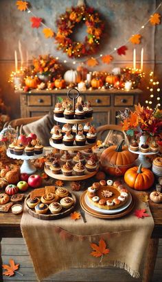 a table topped with lots of desserts and cupcakes