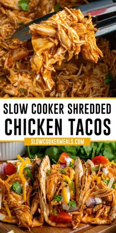 Close up of slow cooker shredded chicken tacos with all your favorite toppings. Slow Cooker Shredded Chicken Tacos, Tacos Crockpot, Tacos Instant Pot, Crockpot Chicken Tacos Recipes, Tacos Dinner, Slow Cooker Shredded Chicken, Slow Cooker Chicken Tacos, Shredded Chicken Tacos, Chicken Tacos Crockpot