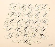 an old fashioned script that has been written in cursive writing with green leaves on it