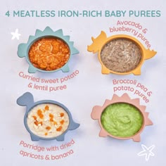 four different baby foods are shown in small bowls