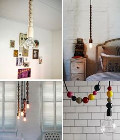 three different pictures with lights hanging from the ceiling and on the wall, in various rooms