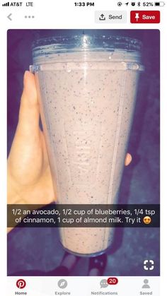 someone holding up a blender in their hand with the caption'i am avocado, 12 / 2 cup of blueberries, 1 / 4 top on cinnamon, 3 cups each