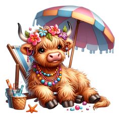 a cute brown cow sitting under an umbrella