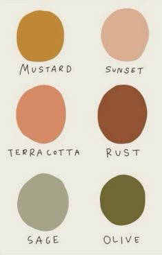 an image of different shades of paint on a white background with the words mustard, rust, terracotta, olive and mustard