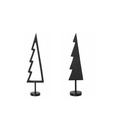 two small black trees are standing next to each other on a white background and one is in the shape of a christmas tree