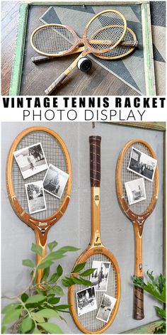 vintage tennis rackets are hanging on the wall with photos attached to them and text overlay that reads, vintage tennis rackets photo display