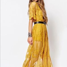 Never Worn Maxi Dress (Only Tried On) With Built In Romper! Dark Yellow Dress, Lace Maxi Romper, Maxi Romper Dress, V Neck Long Sleeve Dress, Trendy Dresses Summer, Yellow Lace Dresses, Colors Dress, Yellow Maxi Dress, Maxi Romper