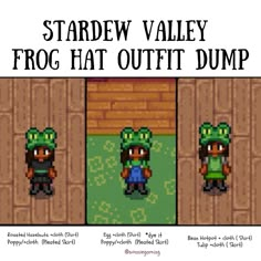 the stardew valley frog hat outfit dump is shown in three different pictures, one with