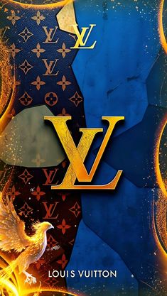 the louis vuitton logo is shown in front of an abstract background with gold and blue