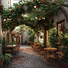 an outdoor patio with tables and chairs covered in vines, potted plants and hanging lights