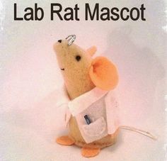 a small stuffed mouse with a bottle in it's hand and the caption lab rat mascot