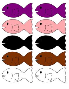 an image of fish cut out from paper with different colors and shapes on it's sides