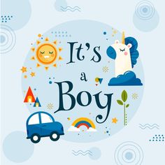 it's a boy card with an image of a unicorn, car and rainbow