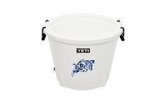 a white plastic bucket with a blue tiger on it's lid and black handles