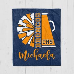 a towel with the words, bronco's chs michaela on it