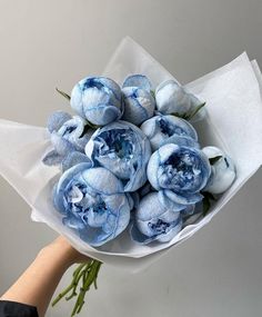 a person holding a bouquet of blue flowers