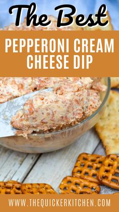 the best pepperoni cream cheese dip in a glass bowl with pretzel crackers