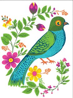 a blue bird sitting on top of a flower filled branch with leaves and flowers around it