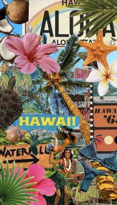 a collage of hawaii with flowers, palm trees and other tropical things on it