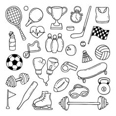 black and white drawing of sports related items