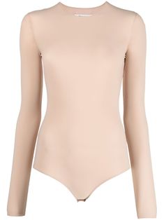 long-sleeved stretch-design body from Maison Margiela featuring beige, signature four-stitch logo, stretch-design, crew neck, long sleeves and press-stud fastening. Just a reminder that this piece must be tried on over your own garments.. Beige Bodysuit, Body Manga Longa, Bodysuit Top, Wardrobe Edit, Wool Trousers, Airport Fashion, Padded Jacket