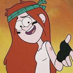 a cartoon character with long red hair pointing at something