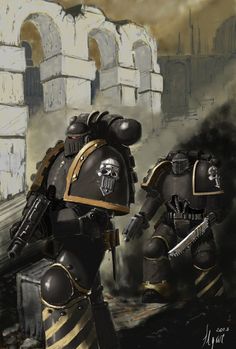 two warhammers in armor standing next to each other