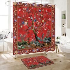 a red shower curtain with an image of a tree and birds in the forest on it