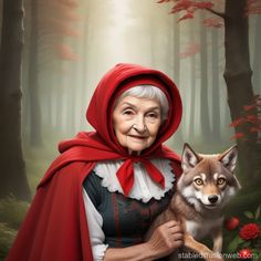 an older woman in a red cloak holding a wolf and smiling at the camera with trees behind her