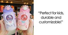 two children's water bottles are shown with the words perfect for kids, durable and customizable