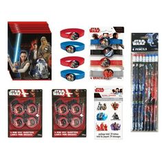 star wars party supplies including pencils, pens and napkins are shown in this image