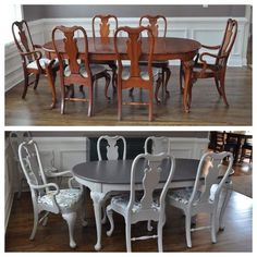 the before and after pictures show how to paint an old dining room table with chalk paint