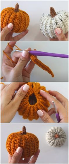 the crocheted pumpkin is being worked on by someone using scissors to make it