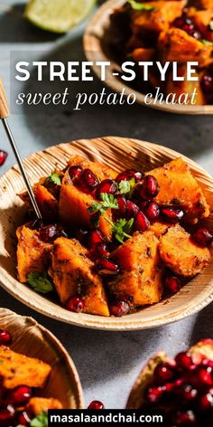 street style sweet potato salad with pomegranate and limes on the side