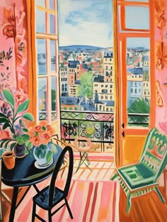 a painting of a room with an open window and view of the city from it