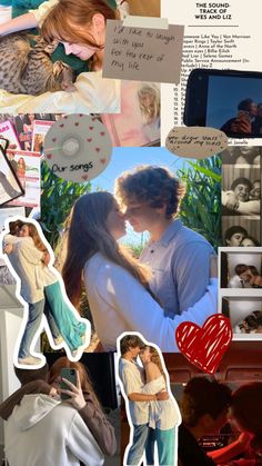 the collage has many different pictures and words on it, including two people hugging each other