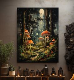 there are many mushrooms in the forest under the moonlit sky with candles on the table