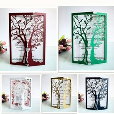 four different types of laser cut wedding cards with tree silhouettes on the front and back