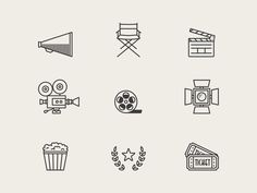 some black and white icons that are on a light gray background with the words movies written below them