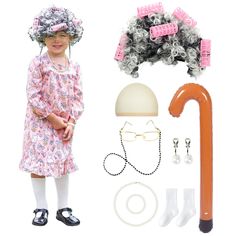 PRICES MAY VARY. 【Perfect Old Lady Costume for Kids】Comes with One Girl's Granny Gown Nightgown Pajamas & Old Lady Dress Up Accessories: 1 x Old Lady Costume Grey Wig (Six Pink Hair Curlers & One Wig Cap are Included), 1 x Old Lady Glasses with Real Beaded Glasses Chain, 1 x Faux Pearl Beads Necklaces, 1 x Faux Pearl Beads bracelet, 1 Pair of Faux Pearl Beads Earring Clips, 1 Pair of White Socks, 1 x Inflatable Cane. 【Value Pack Kit】Every Single Item is Amazing and Will Work Well Together or Sep Old Lady Costume For Kids, Kids Old Lady Costume, Granny Costume, Old Lady Dress, Grandma Dress, Old Lady Costume, Up Cosplay, School Costume, Baby Costumes Girl