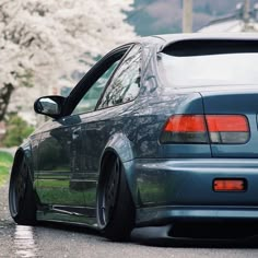 a blue car parked on the side of a road next to trees with white flowers