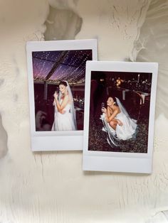 two polaroid photos of a bride and groom