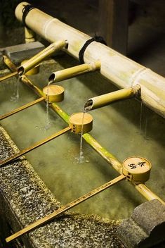 the water is running from bamboo pipes to the ground