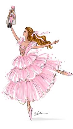 a drawing of a ballerina in pink dress holding a bottle of wine and wearing a tiara