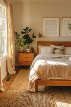 a bed sitting in a bedroom next to a window with two plants on top of it