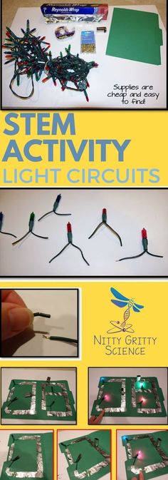 Light Circuits: Depending on the grade level of the students, you can have them build a very simple circuit or a very complex circuit with both series and parallel circuits combined. For my students I have them use file folders in order to design and build a series on one side, then a parallel on the other with certain parameters for the switches. The students have an amazing time and there is always 100% participation and together we saved those lights from a trip to the landfill! Series And Parallel Circuits, Elementary Stem, Science Electricity, Kindergarten Stem, Activities Elementary, Preschool Stem, Science Stem, Activities Kindergarten, Simple Circuit