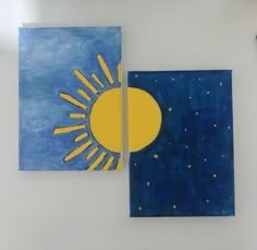 two paintings on the wall one is blue and yellow, the other is white with stars