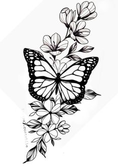 a black and white drawing of a butterfly with flowers on it's back side