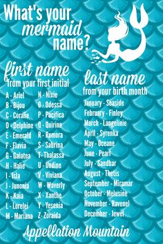 a mermaid name poster with the words, what's your mermaid name? and other names